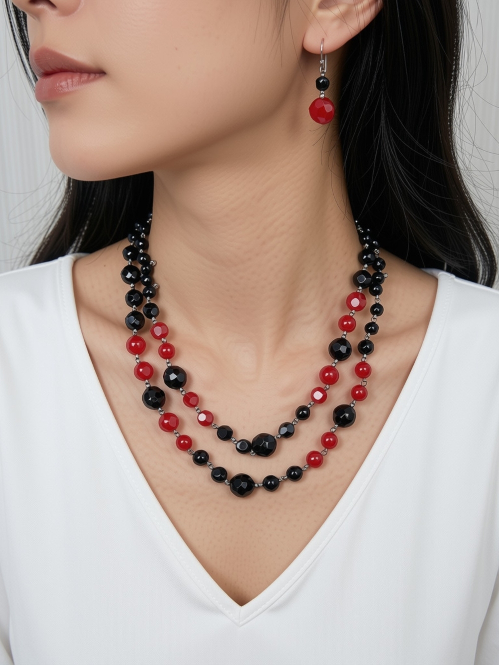 Red and Black Beaded Necklace with Matching Earrings